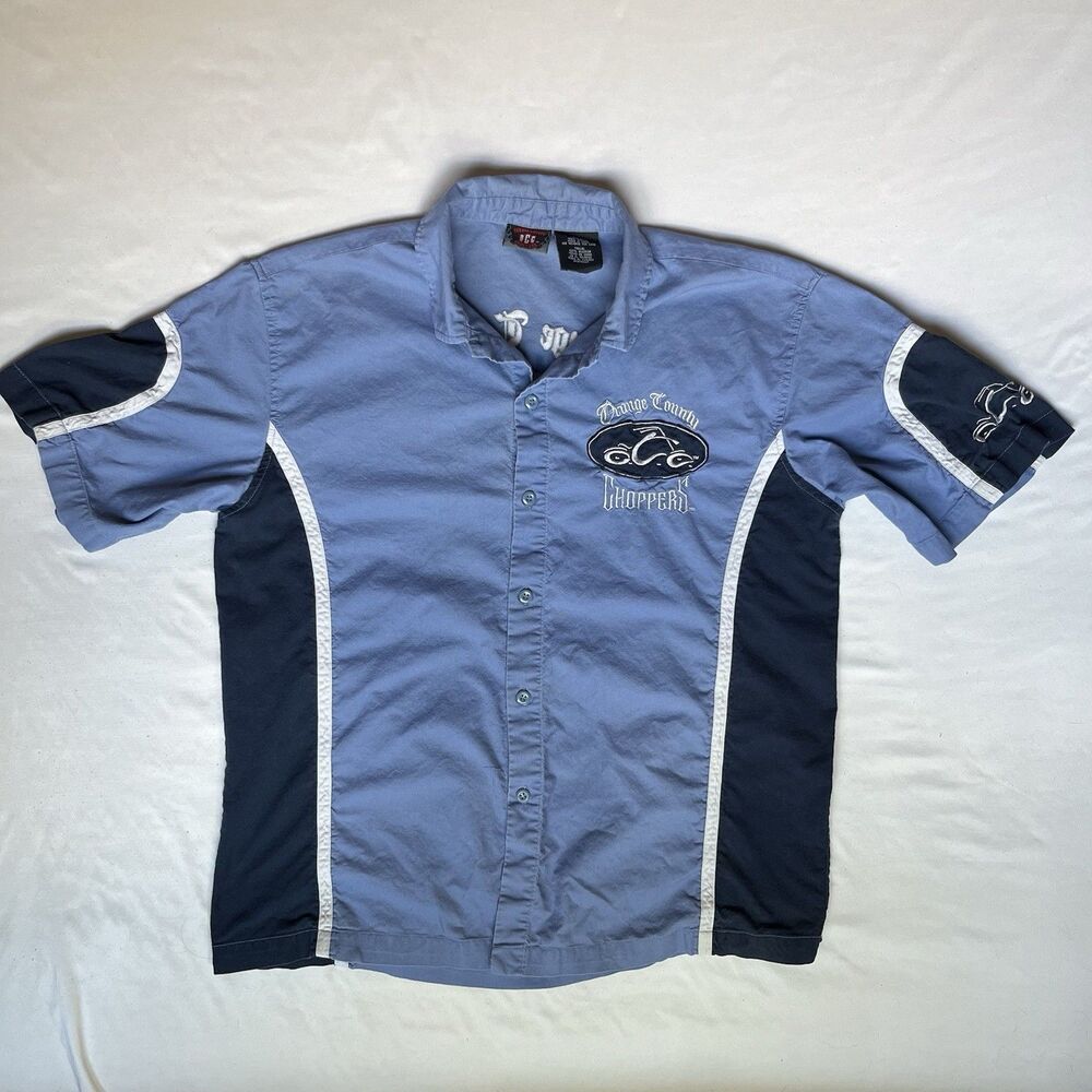 VTG Orange County Choppers Button Up Shirt Large Blue Short Sleeve Embroidered